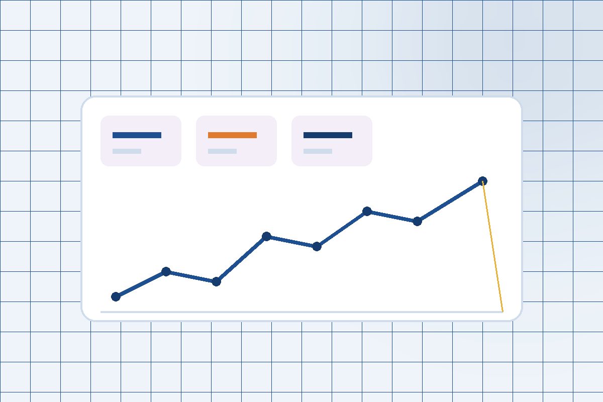 Marketing dashboard with KPI tiles and a rising revenue chart