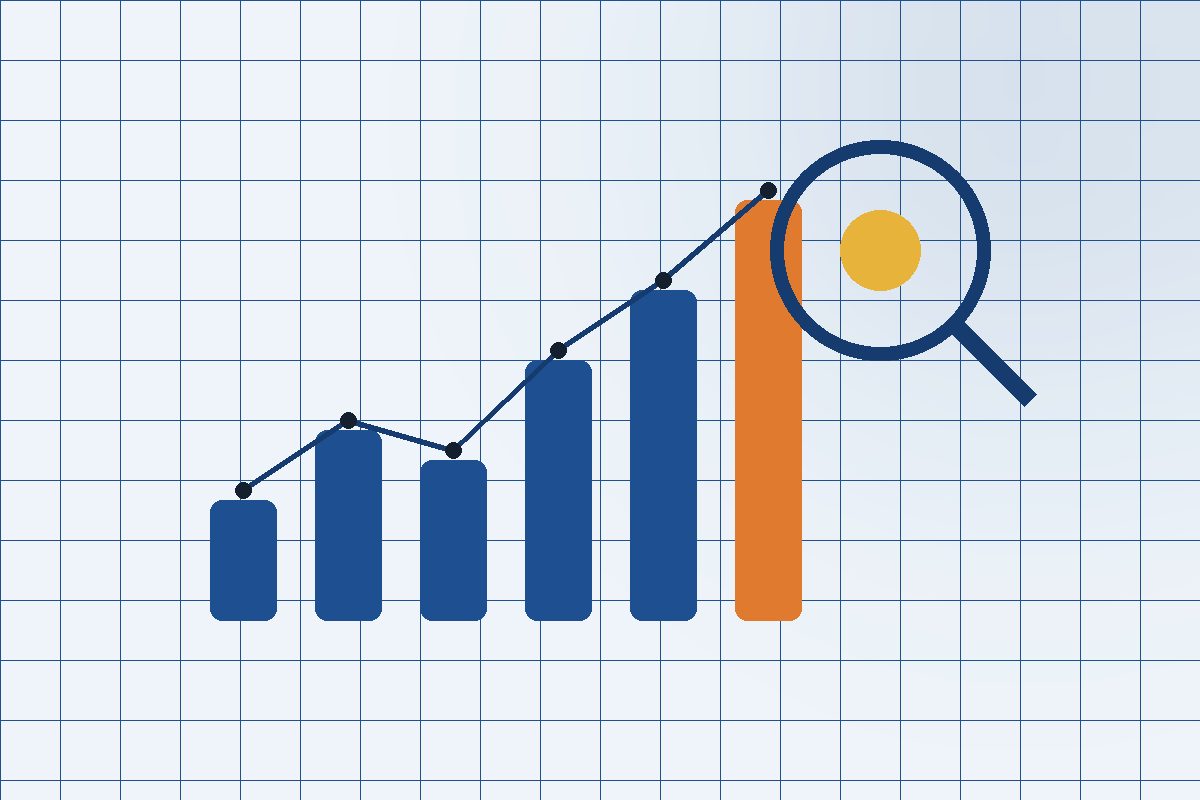 Rising organic search traffic bars with a trend line and a magnifier over the top result